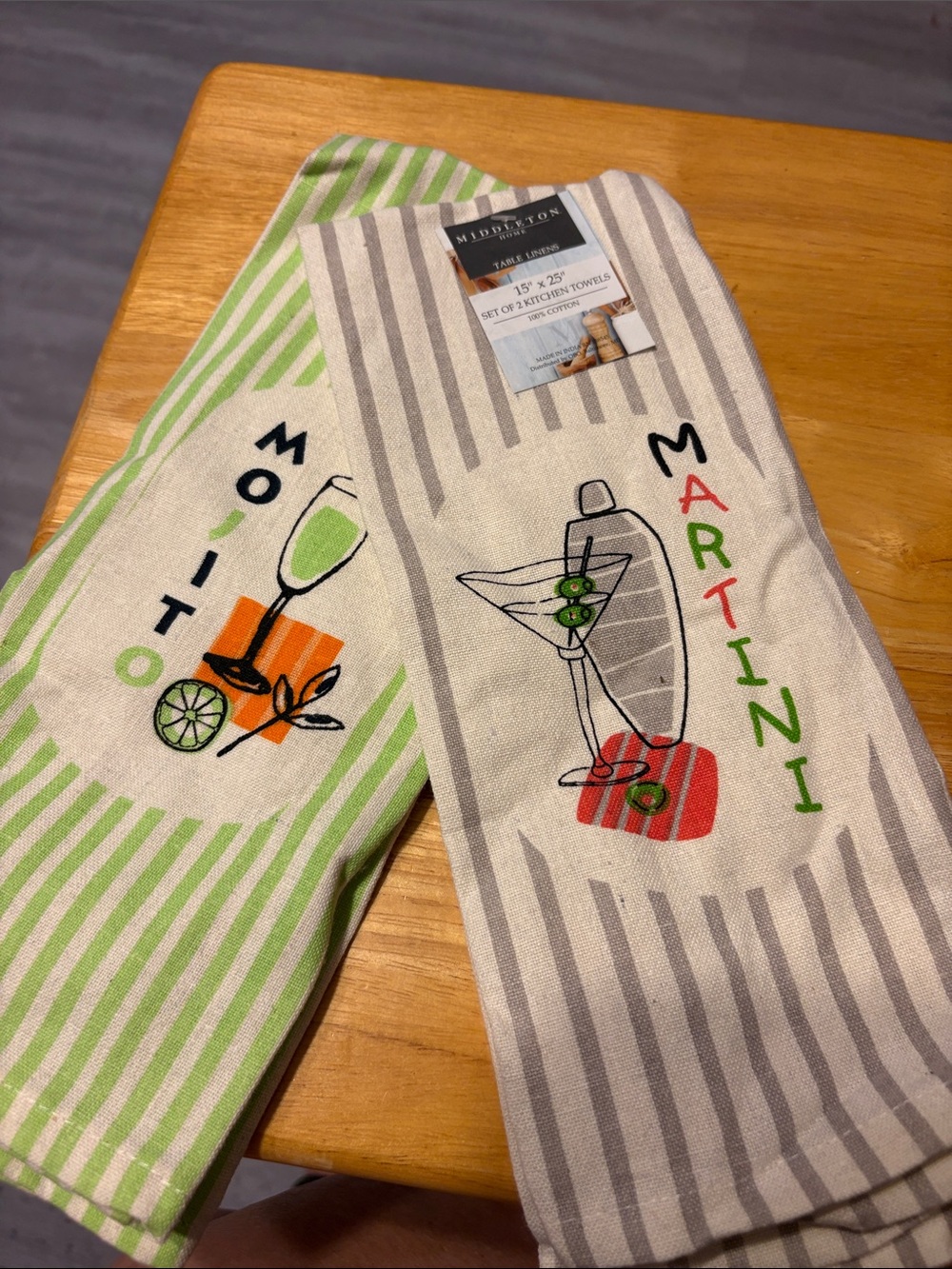 Mojito & Martini Cotton Kitchen Towels - Green & Gray